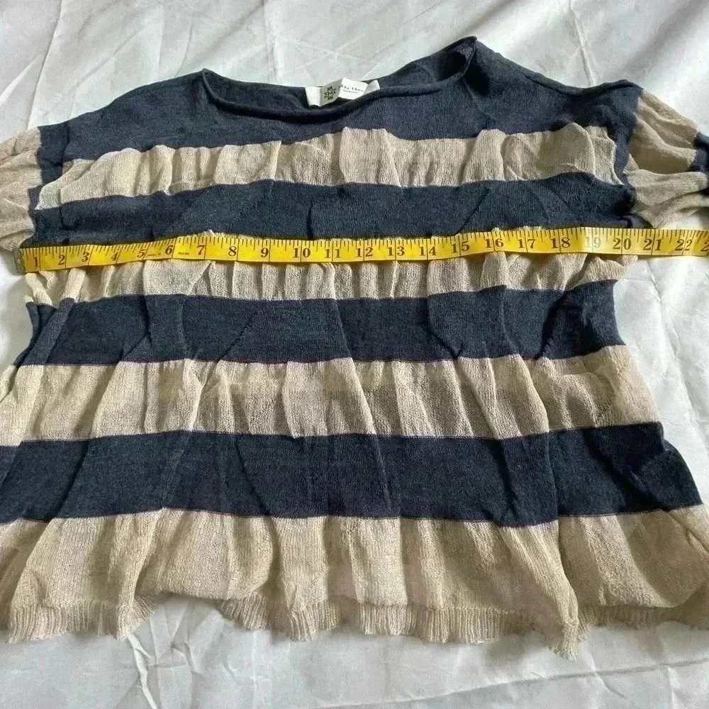 May Hsu OS (One Size) Crop Top Blue Cream Stripe Sheer Roll Boat Neck Pleat Det